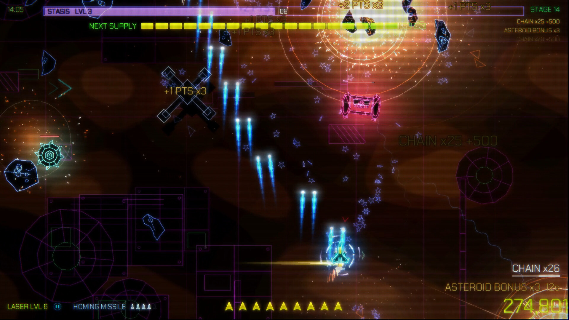 Wirehawk gameplay: a wireframe ship in a neon vector playfield